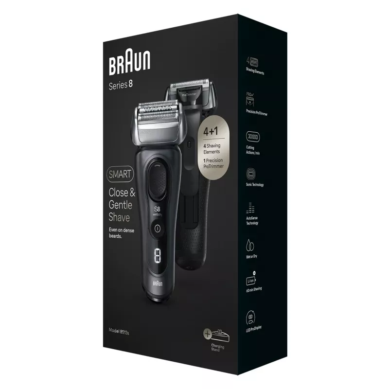 Braun Series 8 8513s märg ja kuiv pardel koos laadimisaluse ja reisikotiga, fjord hall