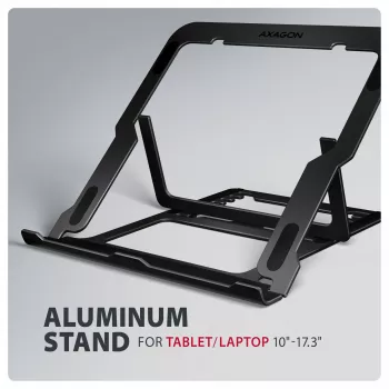 Axagon STND-LAB alumiiniumist statiiv sülearvutitele suuruses 10 inch–17,3 inch. Kaheksa reguleeritavat kõrgust ja nurka. Must versioon.
