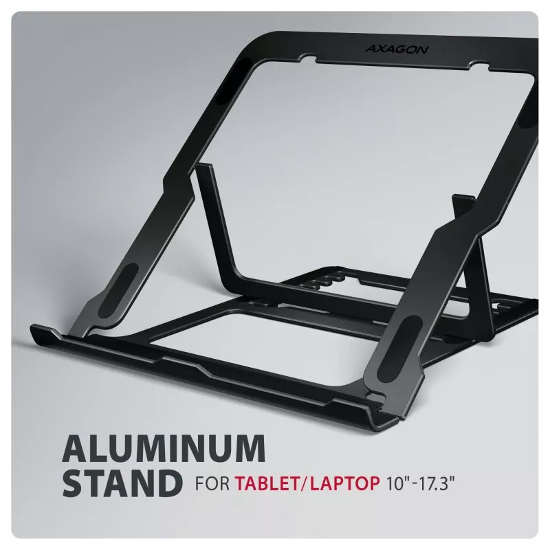 Axagon STND-LAB alumiiniumist statiiv sülearvutitele suuruses 10 inch–17,3 inch. Kaheksa reguleeritavat kõrgust ja nurka. Must versioon.