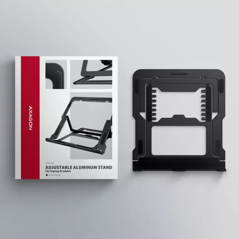 Axagon STND-LAB alumiiniumist statiiv sülearvutitele suuruses 10 inch–17,3 inch. Kaheksa reguleeritavat kõrgust ja nurka. Must versioon.