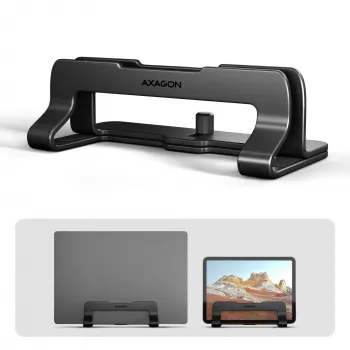 Axagon STND-VB alumiiniumist alus sülearvutite vertikaalseks paigaldamiseks suuruses 10 inch–17.3 inch. Reguleeritav pesa laius 9.5–25.5 mm. Must versioon.
