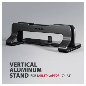 Axagon STND-VB alumiiniumist alus sülearvutite vertikaalseks paigaldamiseks suuruses 10 inch–17.3 inch. Reguleeritav pesa laius 9.5–25.5 mm. Must versioon.