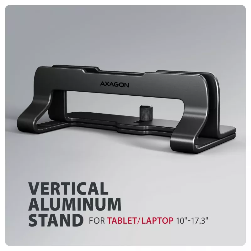 Axagon STND-VB alumiiniumist alus sülearvutite vertikaalseks paigaldamiseks suuruses 10 inch–17.3 inch. Reguleeritav pesa laius 9.5–25.5 mm. Must versioon.