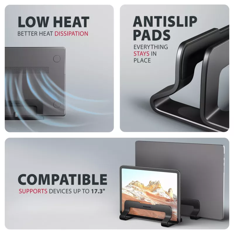 Axagon STND-VB alumiiniumist alus sülearvutite vertikaalseks paigaldamiseks suuruses 10 inch–17.3 inch. Reguleeritav pesa laius 9.5–25.5 mm. Must versioon.
