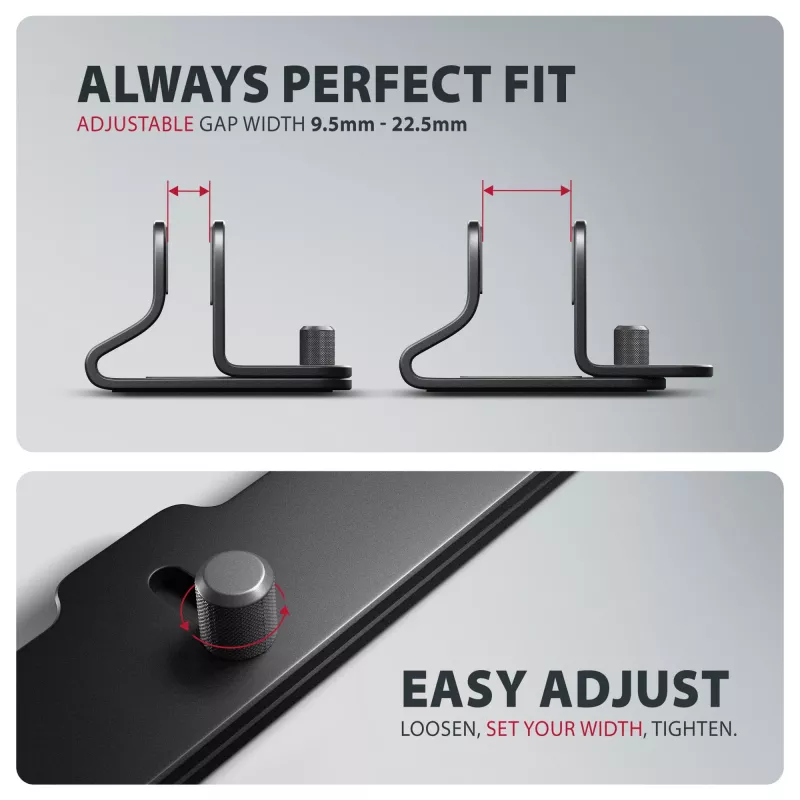 Axagon STND-VB alumiiniumist alus sülearvutite vertikaalseks paigaldamiseks suuruses 10 inch–17.3 inch. Reguleeritav pesa laius 9.5–25.5 mm. Must versioon.