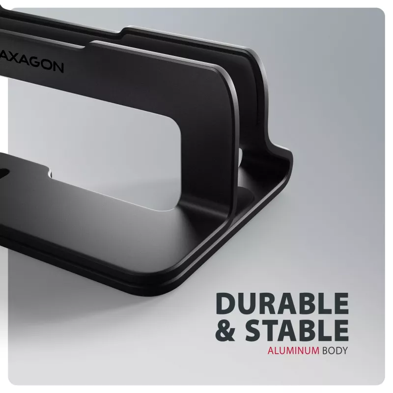 Axagon STND-VB alumiiniumist alus sülearvutite vertikaalseks paigaldamiseks suuruses 10 inch–17.3 inch. Reguleeritav pesa laius 9.5–25.5 mm. Must versioon.