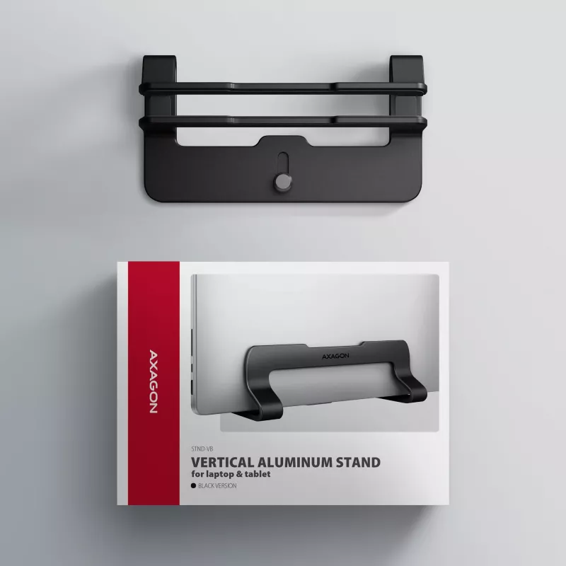 Axagon STND-VB alumiiniumist alus sülearvutite vertikaalseks paigaldamiseks suuruses 10 inch–17.3 inch. Reguleeritav pesa laius 9.5–25.5 mm. Must versioon.