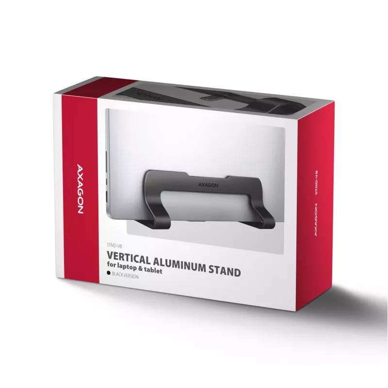 Axagon STND-VB alumiiniumist alus sülearvutite vertikaalseks paigaldamiseks suuruses 10 inch–17.3 inch. Reguleeritav pesa laius 9.5–25.5 mm. Must versioon.