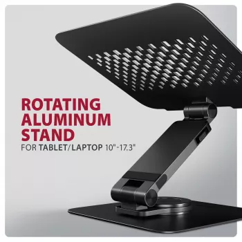 Sülearvutialus AXAGON STND-LRB — alumiinium, 360° pööre, 10 tolli – 17,3 tolli seadmetele, reguleeritav kõrgus kuni 26 cm, kalle 0–180°, must