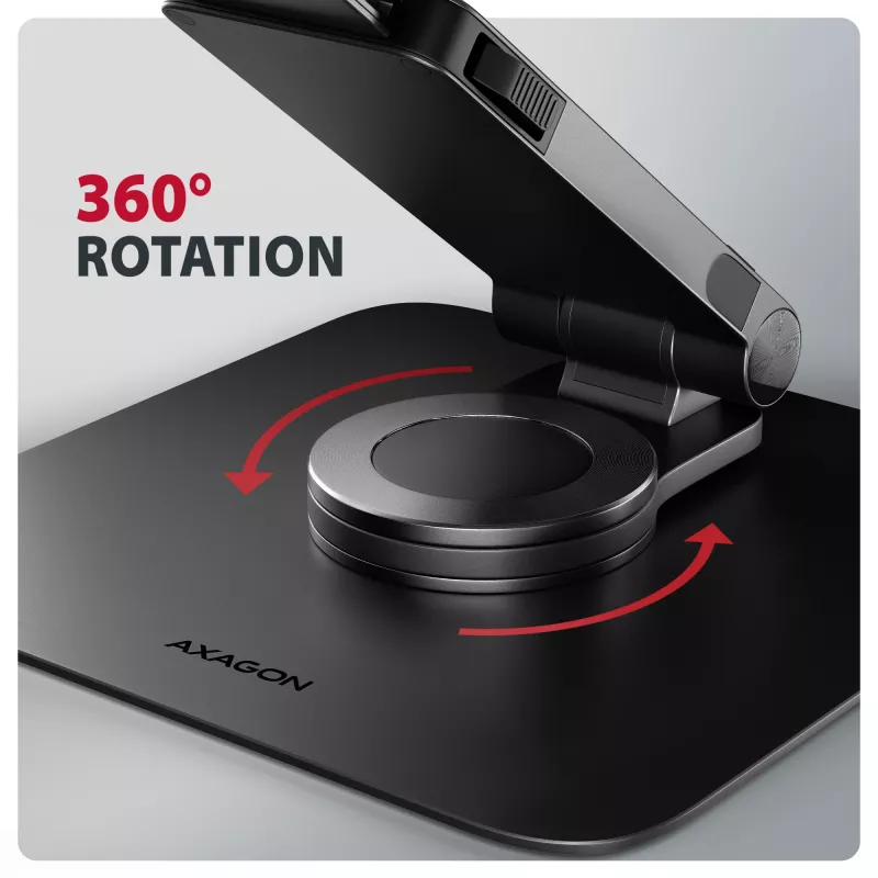 Sülearvutialus AXAGON STND-LRB — alumiinium, 360° pööre, 10 tolli – 17,3 tolli seadmetele, reguleeritav kõrgus kuni 26 cm, kalle 0–180°, must
