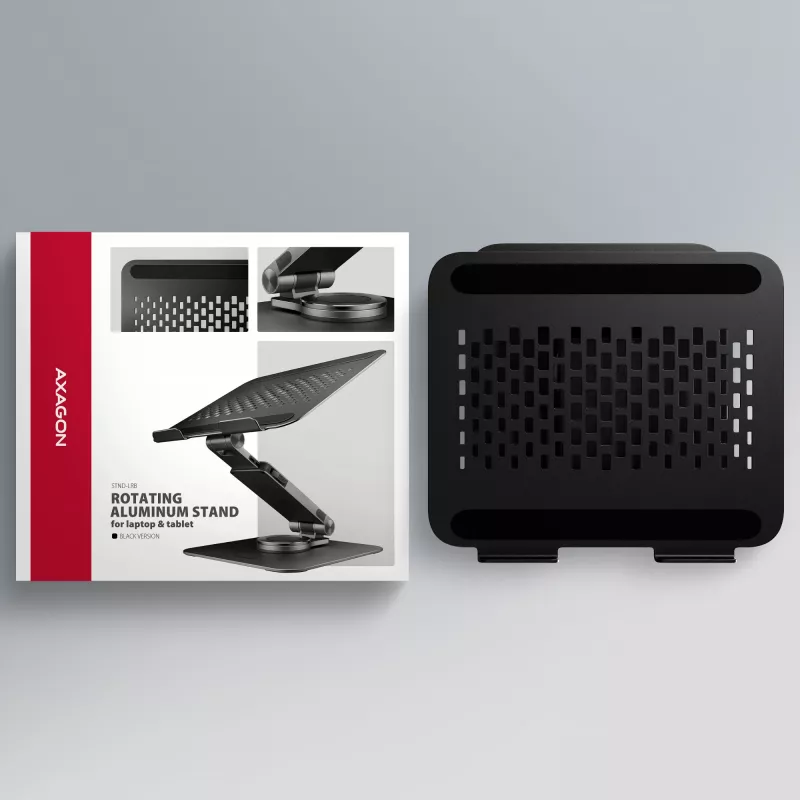 Sülearvutialus AXAGON STND-LRB — alumiinium, 360° pööre, 10 tolli – 17,3 tolli seadmetele, reguleeritav kõrgus kuni 26 cm, kalle 0–180°, must