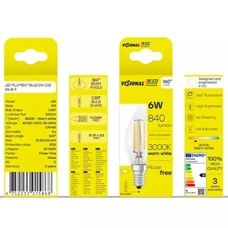 LED-pirn VISIONAL VS-B-7 6W, 840 lm, 3000K