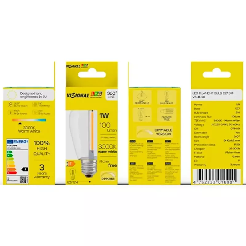 LED pirn VISIONAL VS-B-20 1 W 100 lm 3000 K, energiaklass F
