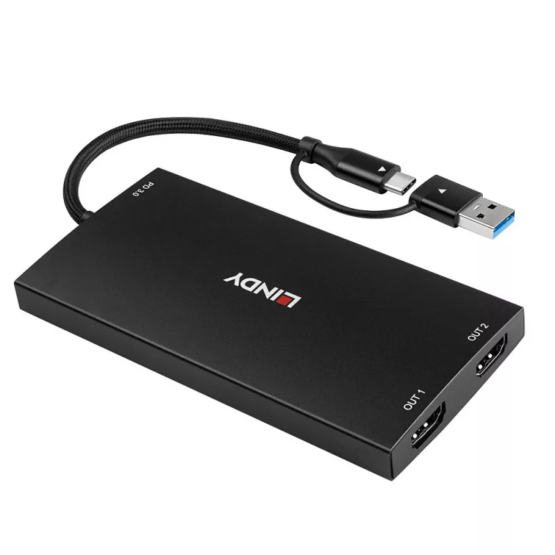 Lindy 43430 videokaabli adapter 0,11 m USB USB-C 2 x HDMI Must