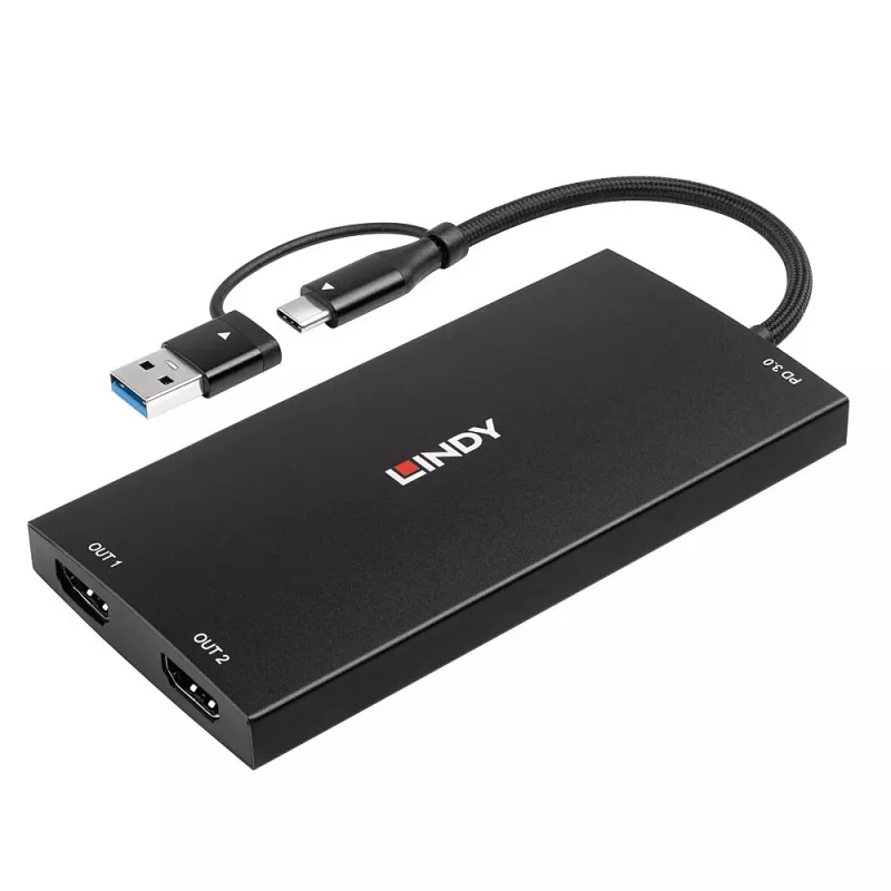 Lindy 43430 videokaabli adapter 0,11 m USB USB-C 2 x HDMI Must