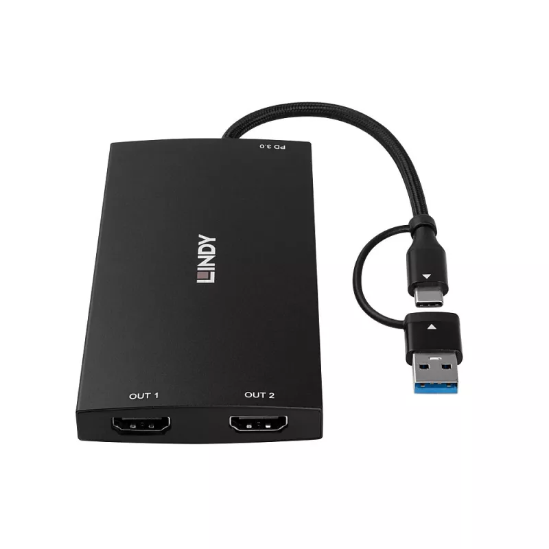 Lindy 43430 videokaabli adapter 0,11 m USB USB-C 2 x HDMI Must