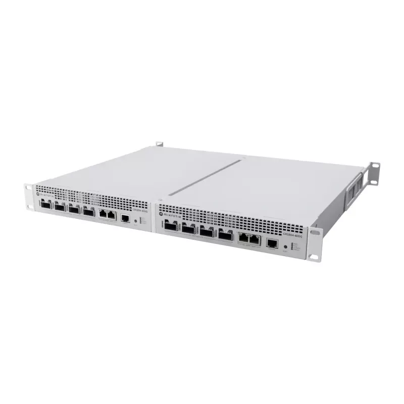 Võrgukommutaator MikroTik CRS804-4DDQ-HRM — 10G Ethernet RJ-45 2 porti, konsool RJ-45, hall