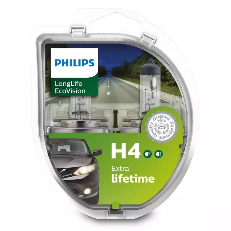 Philips LongLife EcoVision 12342LLECOS2 pikem eluiga, 60 W, 12 V, H4, 3100 K, 2 tk