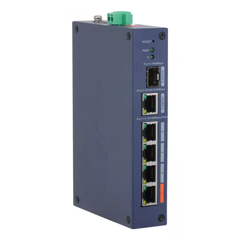 Hallatav tööstuslik lüliti DAHUA CHS4106-4ET-60 — 6 pordiga, 4x PoE 10/100, L2, 4,8 Gbit/s, 8000 MAC