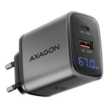 Seinilaadija AXAGON ACU-PQ67D, 67W, USB-C PD3.0 + USB-A QC4+, 2 väljundit, LCD-ekraan, 100–240V