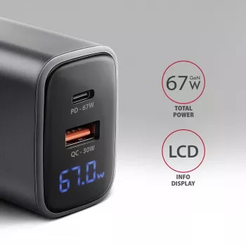 Seinilaadija AXAGON ACU-PQ67D, 67W, USB-C PD3.0 + USB-A QC4+, 2 väljundit, LCD-ekraan, 100–240V