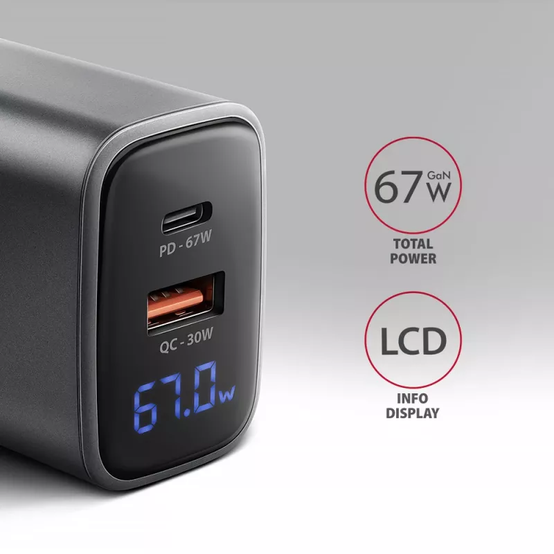 Seinilaadija AXAGON ACU-PQ67D, 67W, USB-C PD3.0 + USB-A QC4+, 2 väljundit, LCD-ekraan, 100–240V