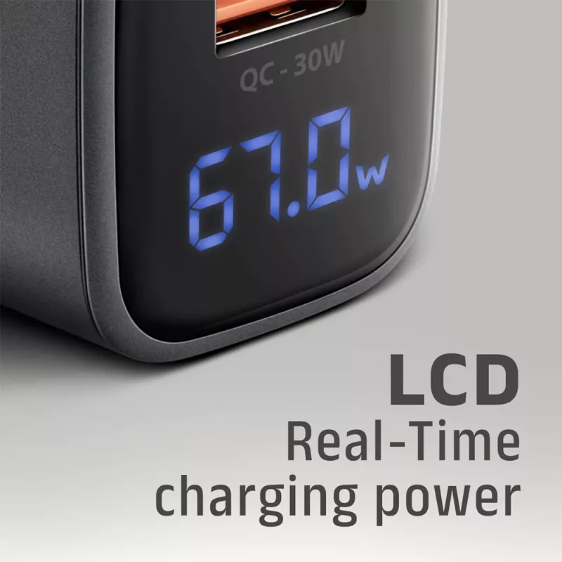 Seinilaadija AXAGON ACU-PQ67D, 67W, USB-C PD3.0 + USB-A QC4+, 2 väljundit, LCD-ekraan, 100–240V