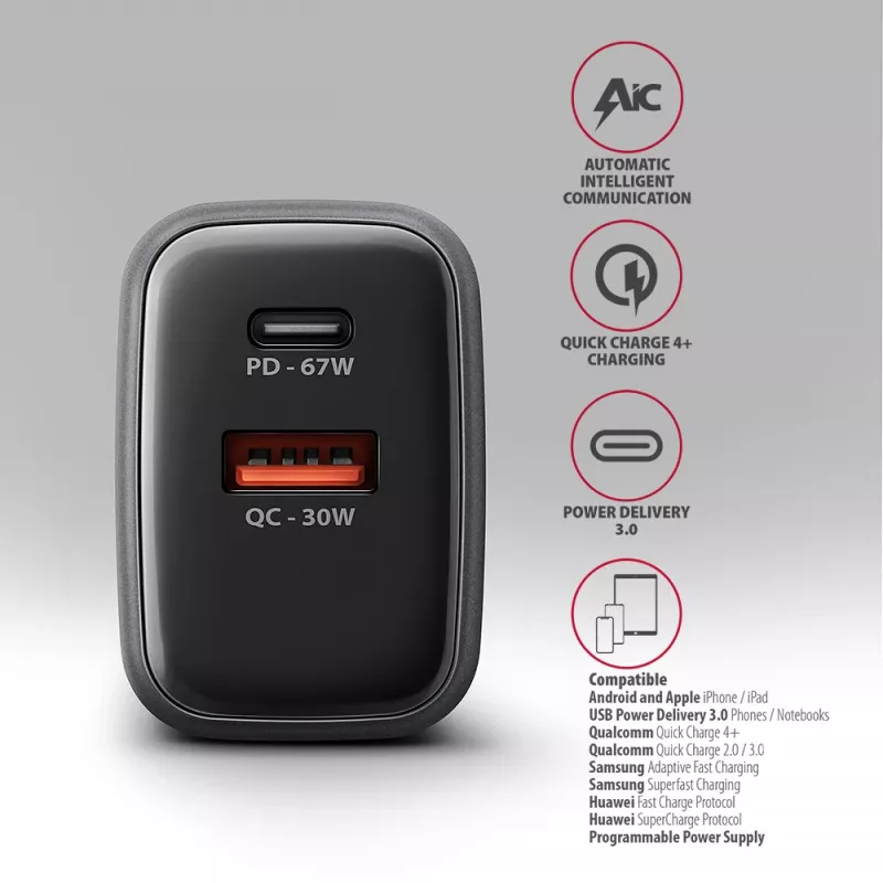 Seinilaadija AXAGON ACU-PQ67D, 67W, USB-C PD3.0 + USB-A QC4+, 2 väljundit, LCD-ekraan, 100–240V