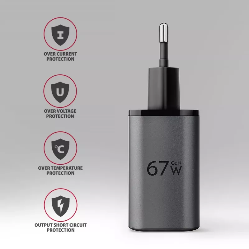 Seinilaadija AXAGON ACU-PQ67D, 67W, USB-C PD3.0 + USB-A QC4+, 2 väljundit, LCD-ekraan, 100–240V