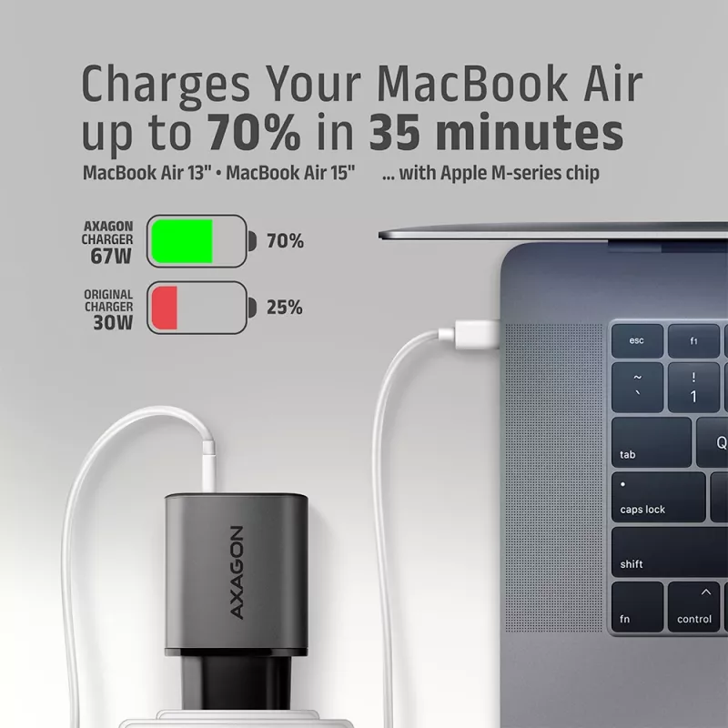 Seinilaadija AXAGON ACU-PQ67D, 67W, USB-C PD3.0 + USB-A QC4+, 2 väljundit, LCD-ekraan, 100–240V