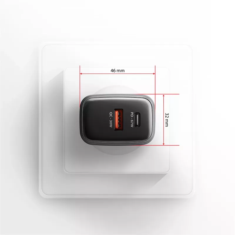 Seinilaadija AXAGON ACU-PQ67D, 67W, USB-C PD3.0 + USB-A QC4+, 2 väljundit, LCD-ekraan, 100–240V