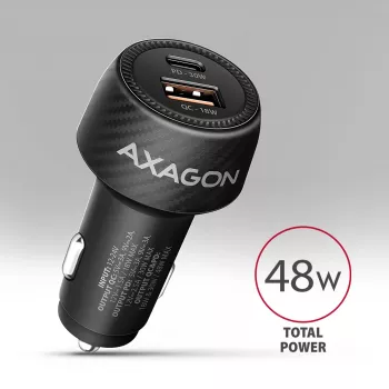 Autolaadija AXAGON PWC-PQ48, 48 W, USB-C (PD3.0) + USB-A (QC4+), sisend 12–24 V, must
