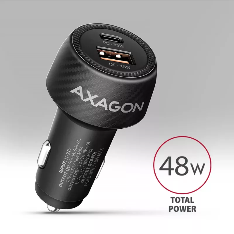 Autolaadija AXAGON PWC-PQ48, 48 W, USB-C (PD3.0) + USB-A (QC4+), sisend 12–24 V, must
