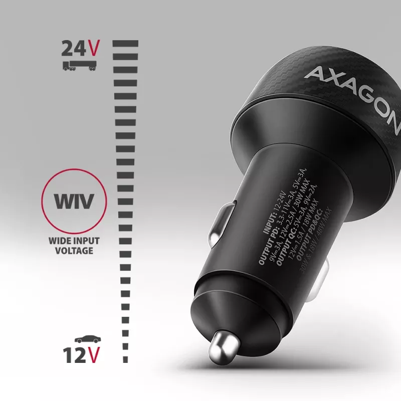 Autolaadija AXAGON PWC-PQ48, 48 W, USB-C (PD3.0) + USB-A (QC4+), sisend 12–24 V, must