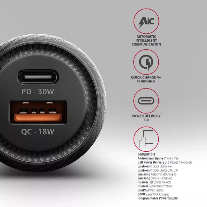 Autolaadija AXAGON PWC-PQ48, 48 W, USB-C (PD3.0) + USB-A (QC4+), sisend 12–24 V, must
