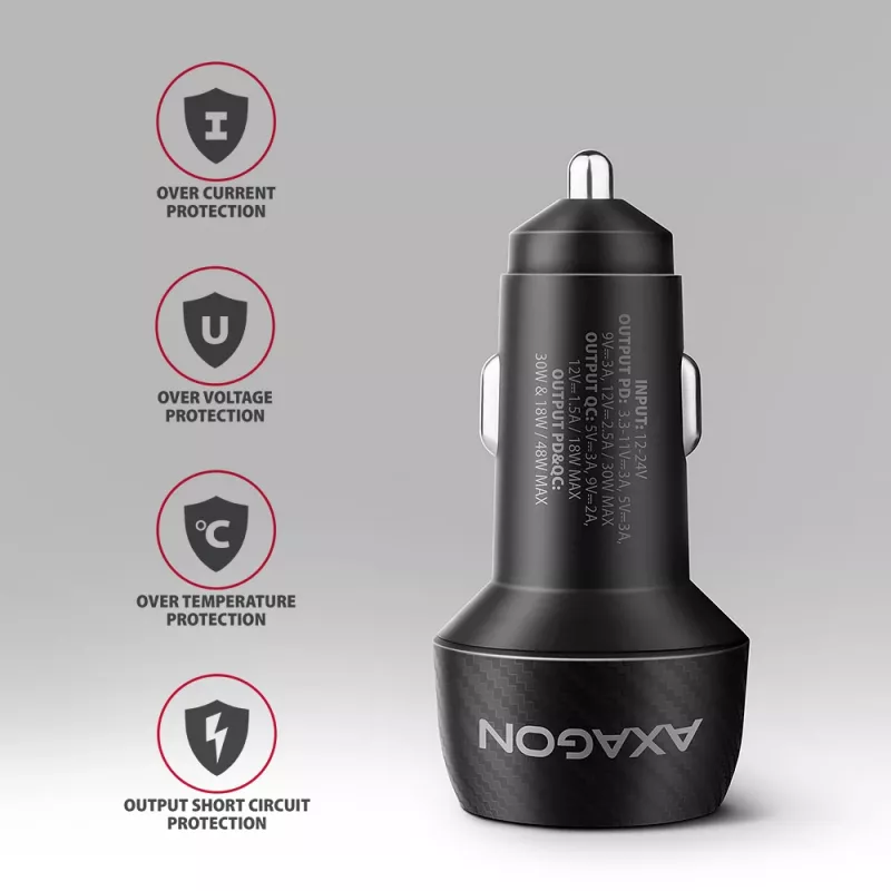 Autolaadija AXAGON PWC-PQ48, 48 W, USB-C (PD3.0) + USB-A (QC4+), sisend 12–24 V, must