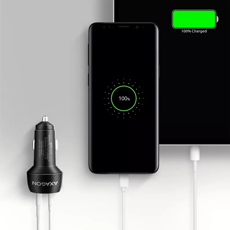 Autolaadija AXAGON PWC-PQ48, 48 W, USB-C (PD3.0) + USB-A (QC4+), sisend 12–24 V, must