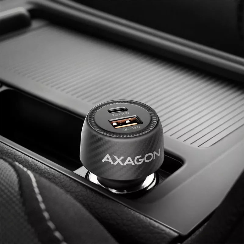 Autolaadija AXAGON PWC-PQ48, 48 W, USB-C (PD3.0) + USB-A (QC4+), sisend 12–24 V, must