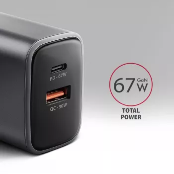 Seinakaasaskantav AXAGON ACU-PQ67, 67W, PD3.0 + QC4+, 1x USB-C + 1x USB-A, 100–240V, hall/must