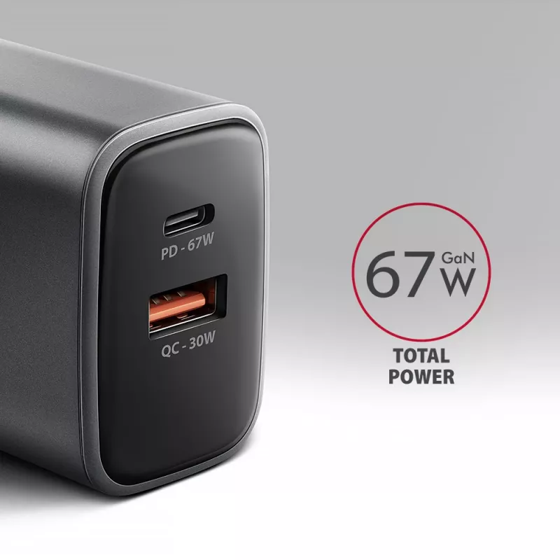 Seinakaasaskantav AXAGON ACU-PQ67, 67W, PD3.0 + QC4+, 1x USB-C + 1x USB-A, 100–240V, hall/must