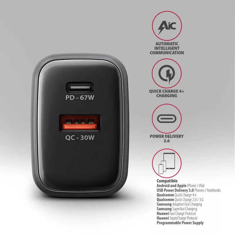 Seinakaasaskantav AXAGON ACU-PQ67, 67W, PD3.0 + QC4+, 1x USB-C + 1x USB-A, 100–240V, hall/must