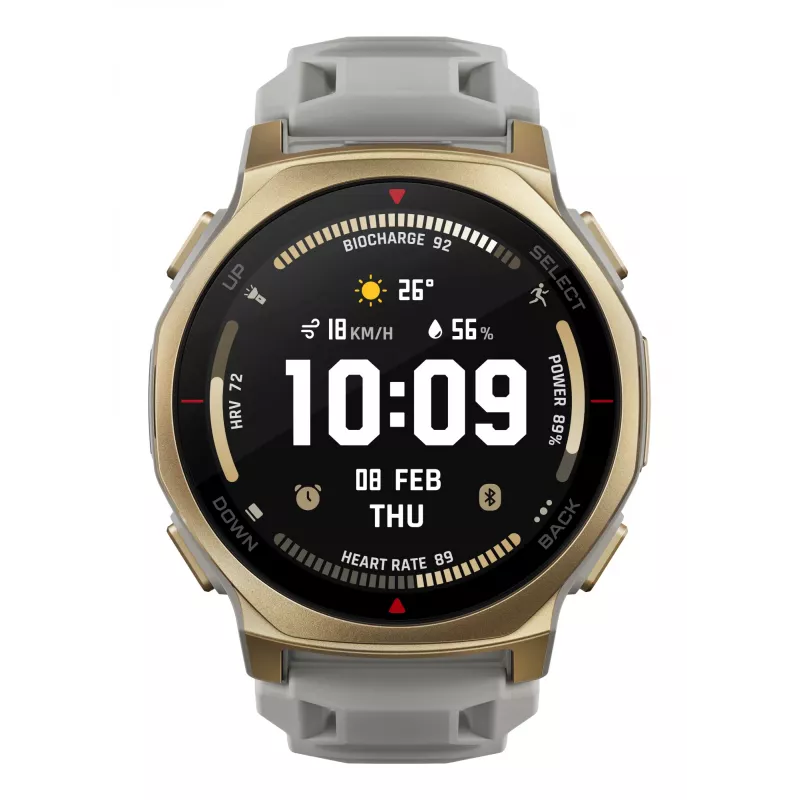 Nutikell Amazfit T-rex 3 Pro 44 mm, 1.32 tolli AMOLED 466×466, 16 GB, 64 MB RAM, GPS, Wi‑Fi, veekindel 45 m, kuldne korpus, hall silikoonrihm