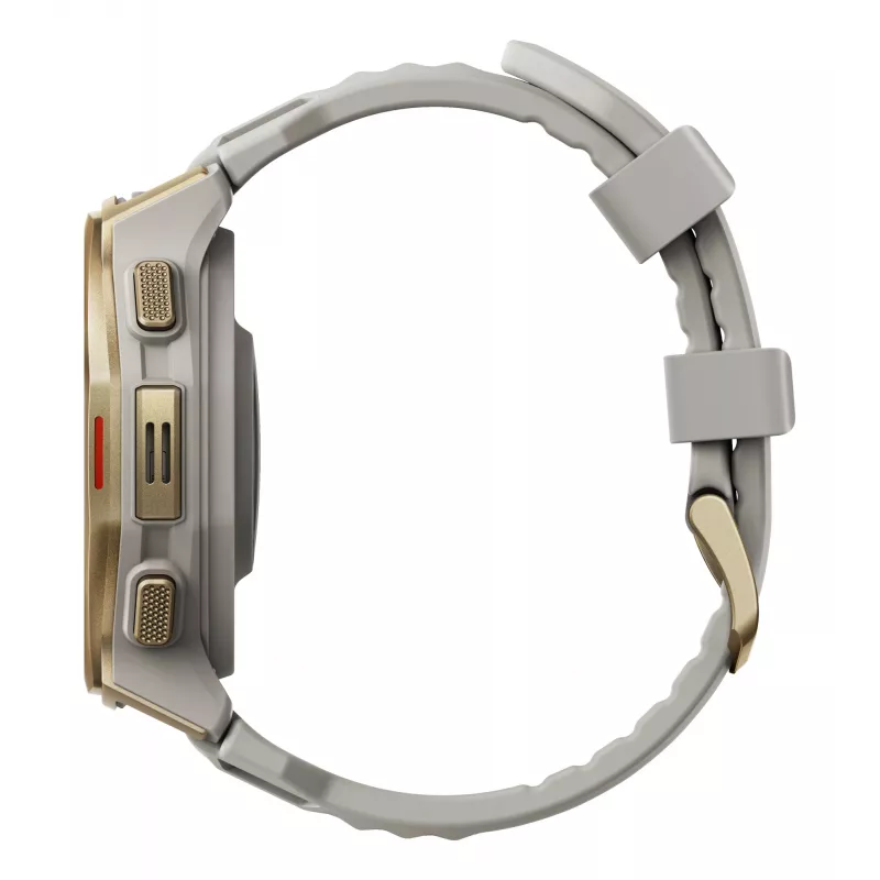Nutikell Amazfit T-rex 3 Pro 44 mm, 1.32 tolli AMOLED 466×466, 16 GB, 64 MB RAM, GPS, Wi‑Fi, veekindel 45 m, kuldne korpus, hall silikoonrihm