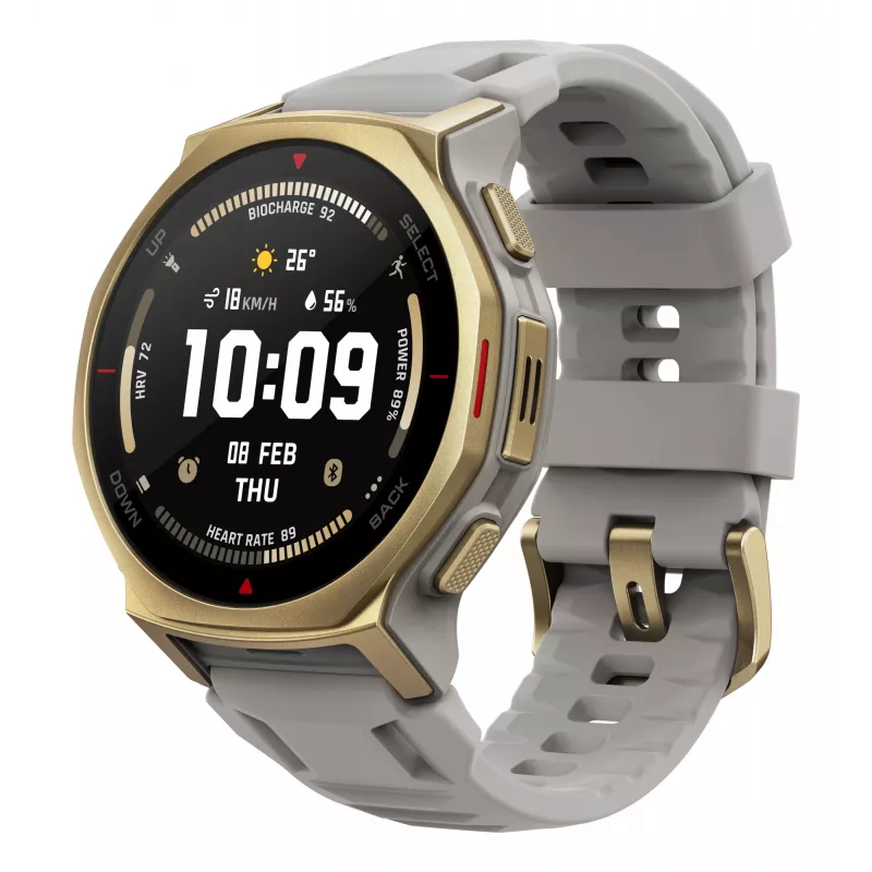 Nutikell Amazfit T-rex 3 Pro 44 mm, 1.32 tolli AMOLED 466×466, 16 GB, 64 MB RAM, GPS, Wi‑Fi, veekindel 45 m, kuldne korpus, hall silikoonrihm