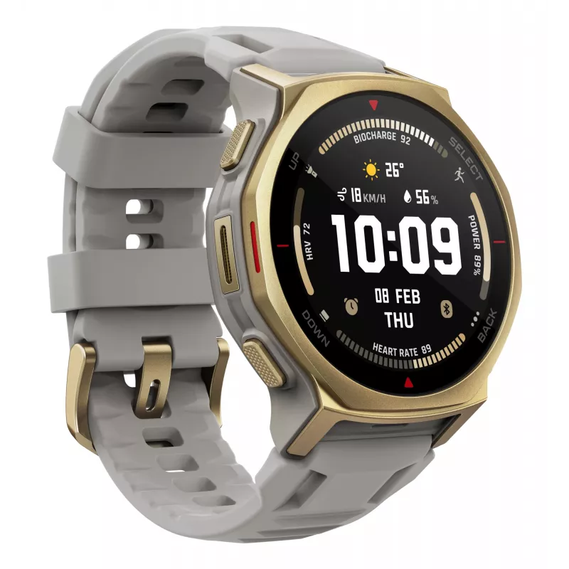 Nutikell Amazfit T-rex 3 Pro 44 mm, 1.32 tolli AMOLED 466×466, 16 GB, 64 MB RAM, GPS, Wi‑Fi, veekindel 45 m, kuldne korpus, hall silikoonrihm