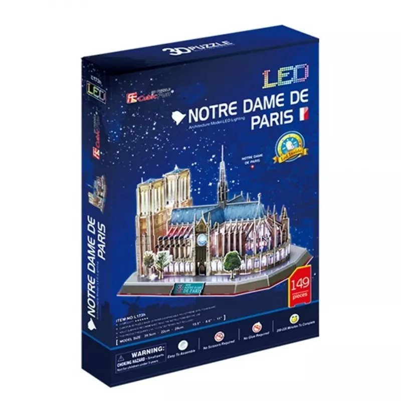 3D pusle CubicFun Notre Dame (Light) — mudel DA-20509, kerge valgustatud versioon