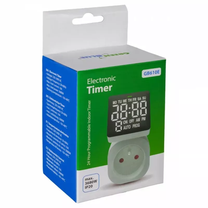 Digitaalne taimerlüliti GreenBlue GB610E, max koormus 16A, IP20, programmeeritavad sisse/välja tsüklid