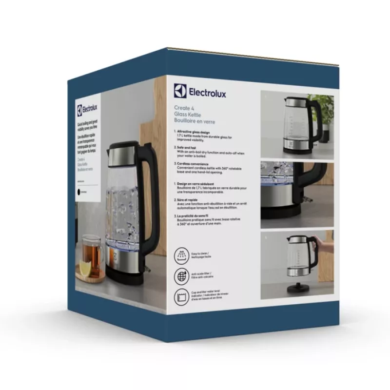 Electrolux E4GK1-4GB elektriline veekeetja 1,7 L 2200 W must, roostevaba teras, läbipaistev