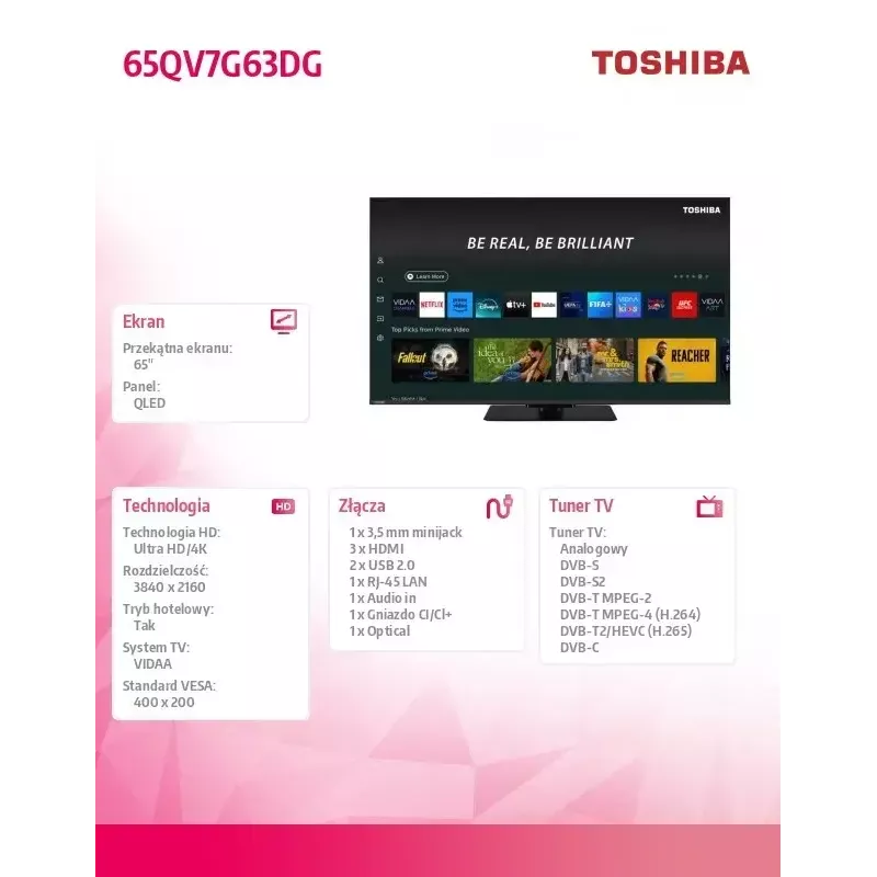 Toshiba 65-tolline QLED-teler 65QV7G63DG, 65-tolline ekraan