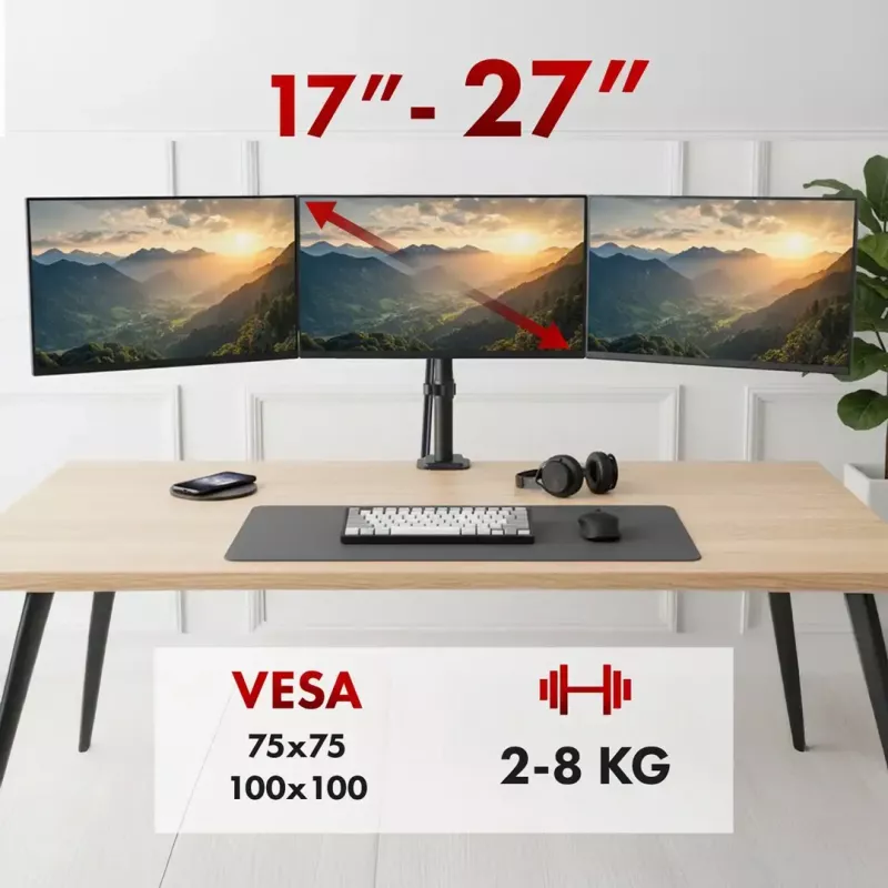 Monitorikinnitus MACLEAN MC-137 — gaasvedru, 3 monitorile 17 tolli–27 tolli, 2–8 kg igaüks, must